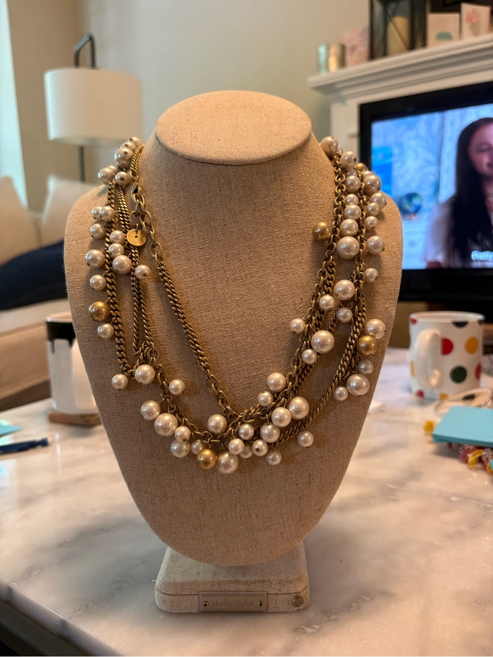 Stella & Dot Layered Pearl and Gold Chain Necklace